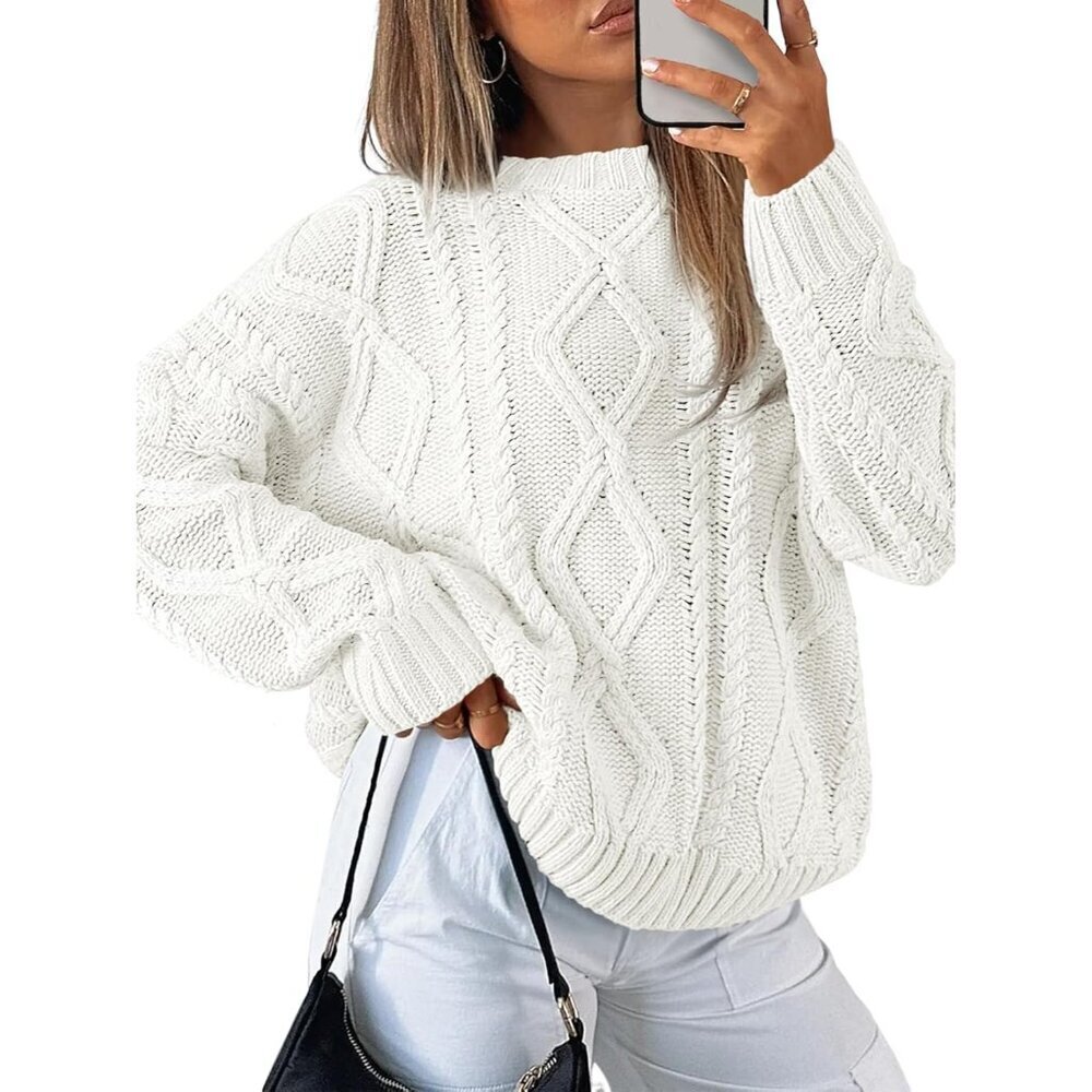 Women's White Imported Pull On Oversized Cable Knit Crew Neck Sweaters